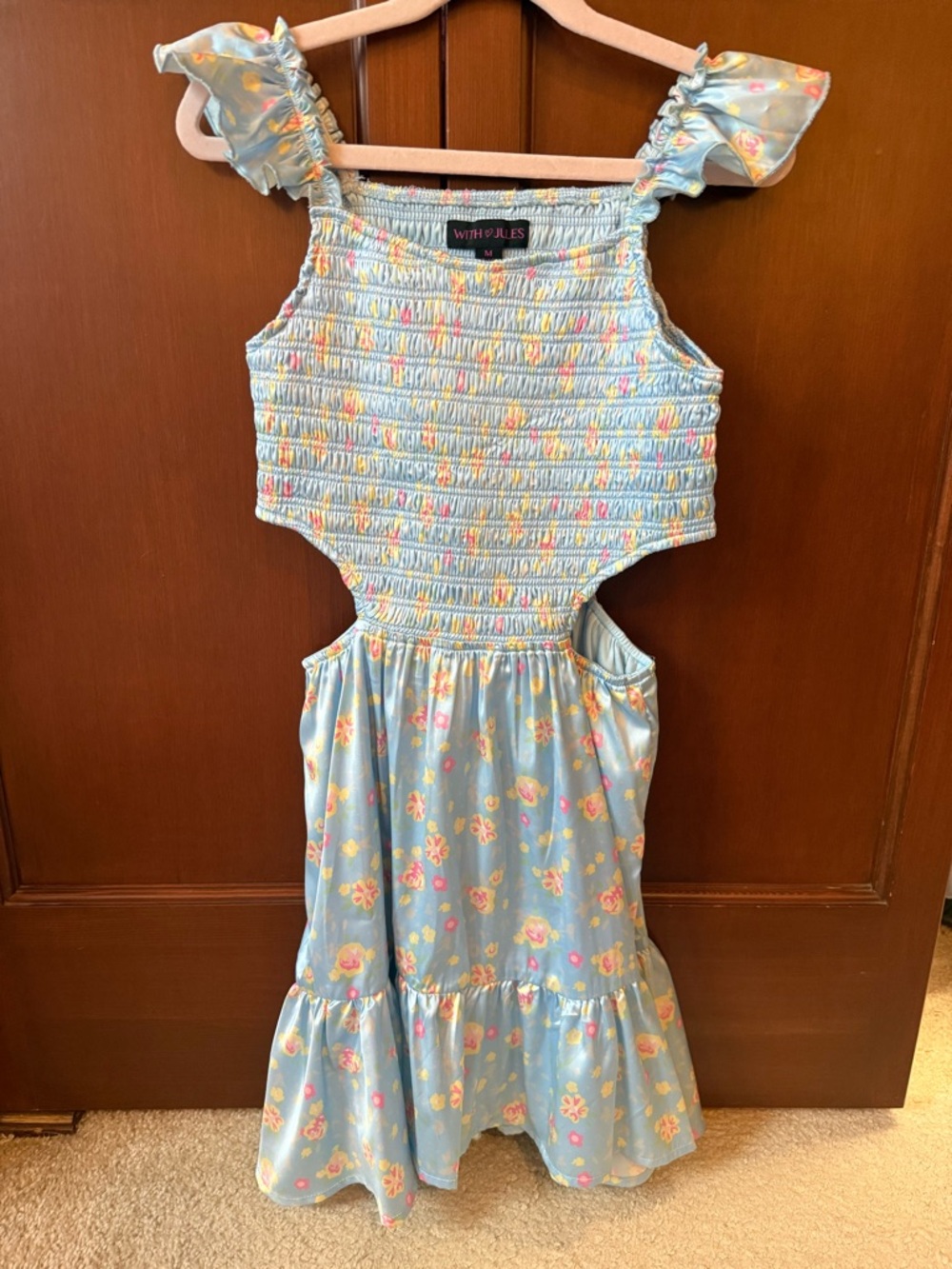 Light Blue Floral Smocked Cutout Dress for Girls